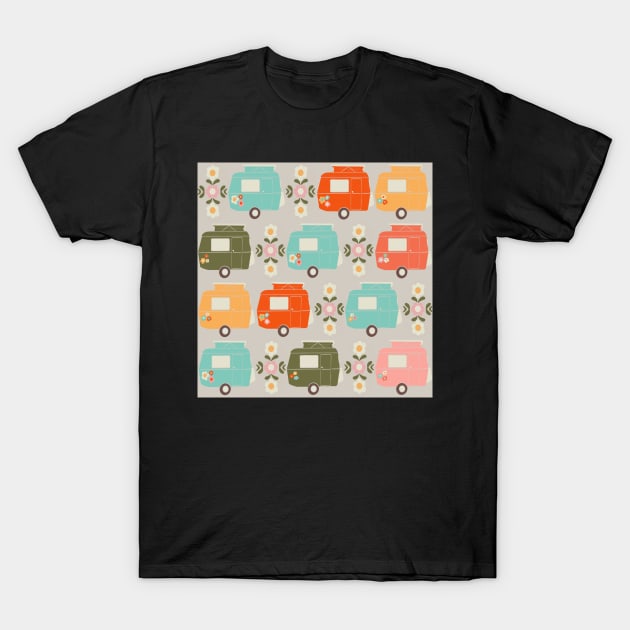 Colourful Vintage Caravans and Daisies T-Shirt by NattyDesigns